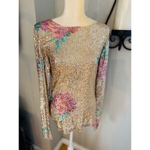 Free People Gold Rush Floral Sequin Top, Champagne/Pink,‎ Medium, NWOT